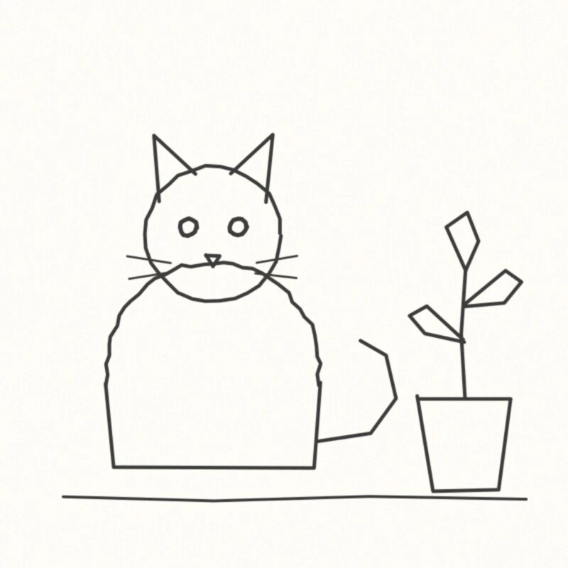 猫和盆栽植物的铅笔素描，保存在颗粒状纸张上，保存为JPEG格式