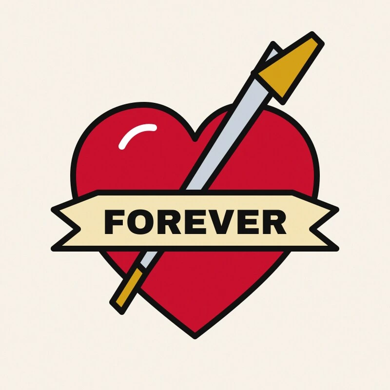 Un design di tatuaggio flash di un cuore trafitto da un pugnale con una bandiera FOREVER, salvato come JPEG
