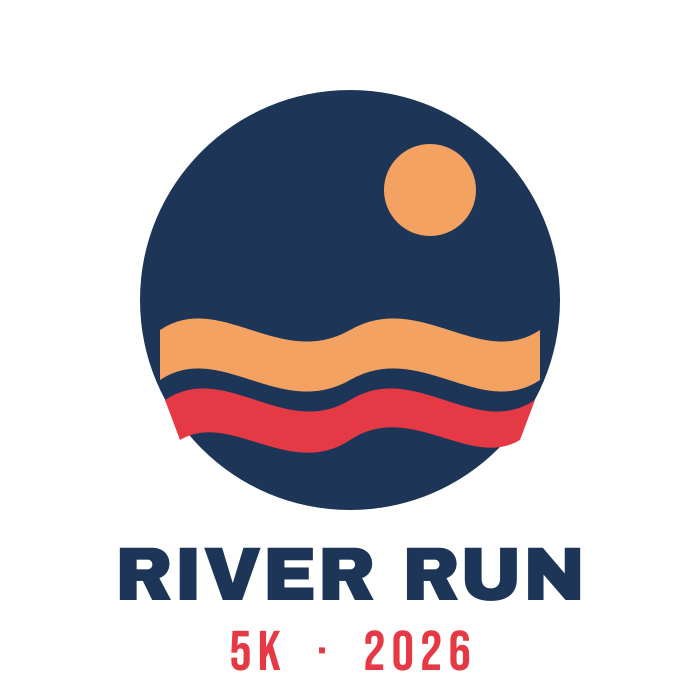印有 RIVER RUN 5K 2026 字样的三色印花比赛衫设计，保存为 PNG 格式